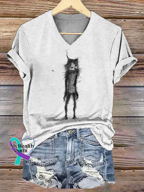 Women’s Cat Sad V-neck Casual T-Shirt White / S