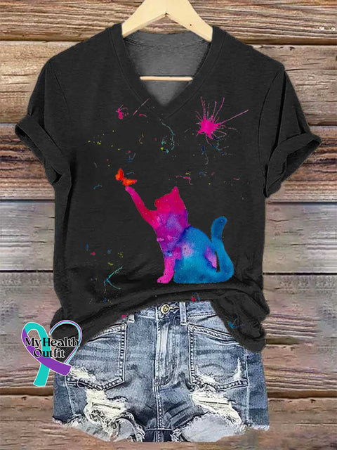 Women’s Cat SUICIDE PREVENTION AWARENESS V-neck Casual T-Shirt Black / S