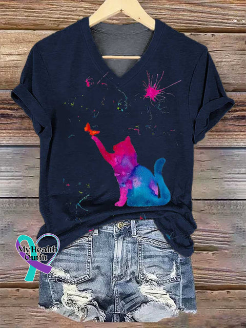 Women’s Cat SUICIDE PREVENTION AWARENESS V-neck Casual T-Shirt Blue / S