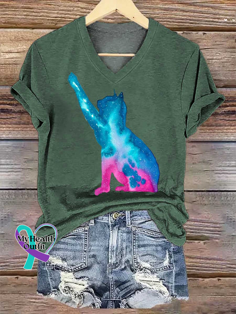 Women’s Cat SUICIDE PREVENTION AWARENESS V-neck Casual T-Shirt Green / S