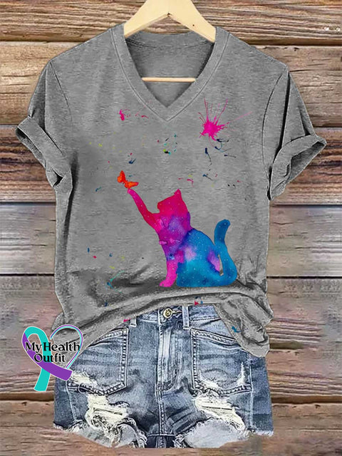 Women’s Cat SUICIDE PREVENTION AWARENESS V-neck Casual T-Shirt Grey / S