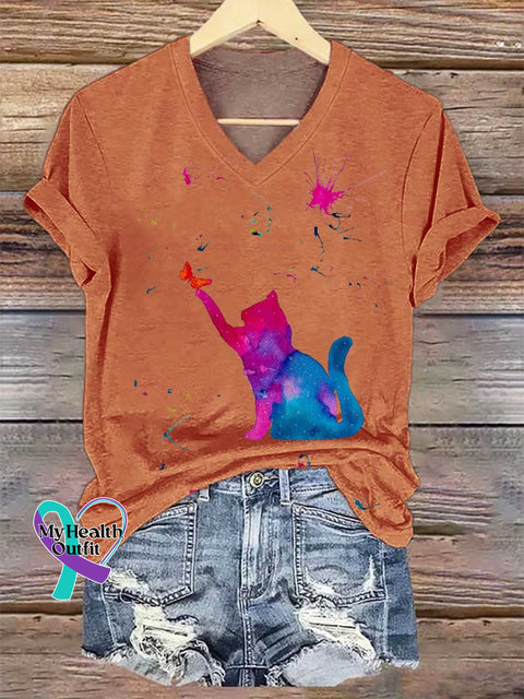 Women’s Cat SUICIDE PREVENTION AWARENESS V-neck Casual T-Shirt Orange / S