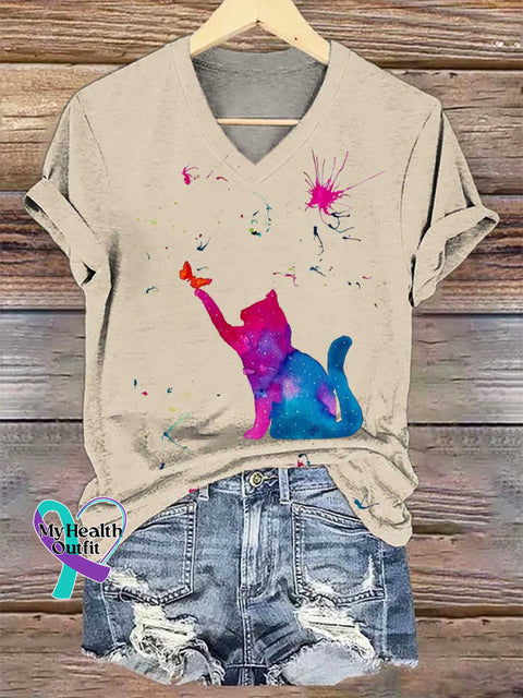 Women’s Cat SUICIDE PREVENTION AWARENESS V-neck Casual T-Shirt Sand / S