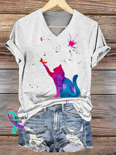 Women’s Cat SUICIDE PREVENTION AWARENESS V-neck Casual T-Shirt White / S