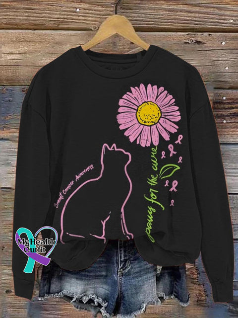 Women’s Cat Sunflower Paws For The Cure Breast Cancer Awareness Print Pattern Casual Sweatshirt