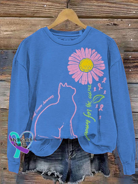 Women’s Cat Sunflower Paws For The Cure Breast Cancer Awareness Print Pattern Casual Sweatshirt