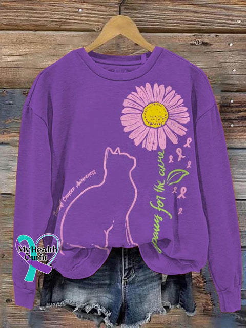 Women’s Cat Sunflower Paws For The Cure Breast Cancer Awareness Print Pattern Casual Sweatshirt