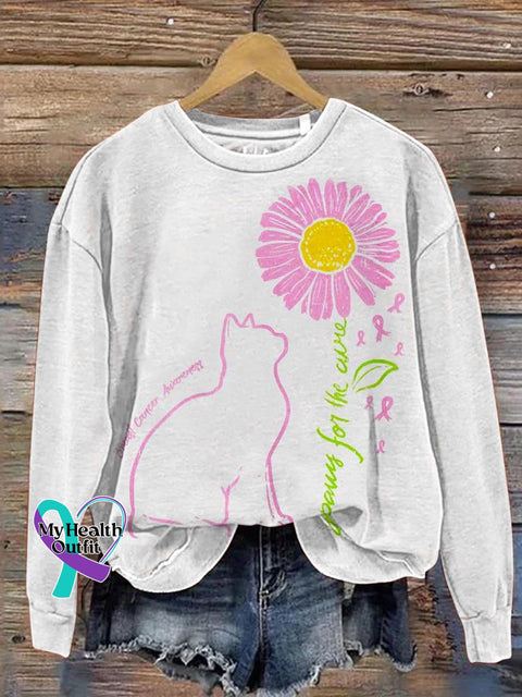 Women’s Cat Sunflower Paws For The Cure Breast Cancer Awareness Print Pattern Casual Sweatshirt