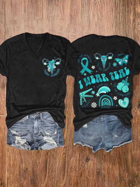 Women’s Cervical Cancer Awareness Warrior Teal Ribbon V-Neck Casual T-Shirt Black / S