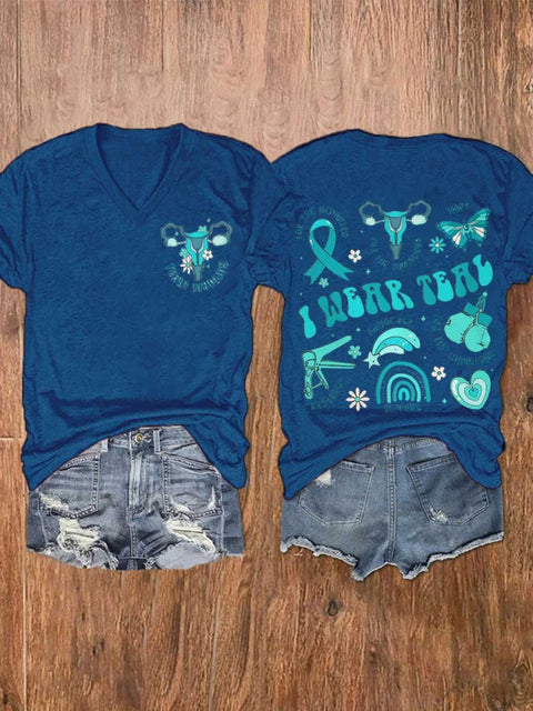 Women’s Cervical Cancer Awareness Warrior Teal Ribbon V-Neck Casual T-Shirt Blue / S