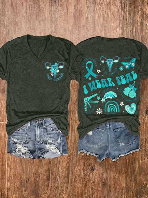 Women’s Cervical Cancer Awareness Warrior Teal Ribbon V-Neck Casual T-Shirt Green / S