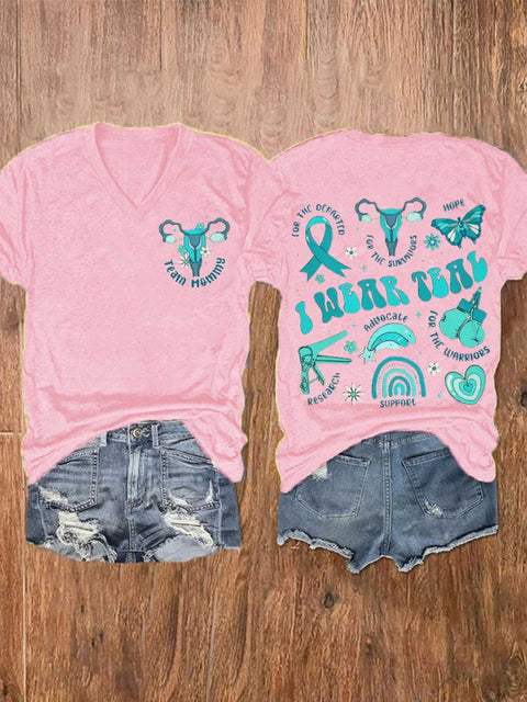 Women’s Cervical Cancer Awareness Warrior Teal Ribbon V-Neck Casual T-Shirt Pink / S