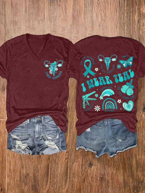 Women’s Cervical Cancer Awareness Warrior Teal Ribbon V-Neck Casual T-Shirt Red / S