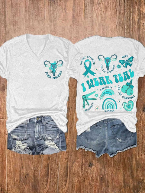 Women’s Cervical Cancer Awareness Warrior Teal Ribbon V-Neck Casual T-Shirt White / S