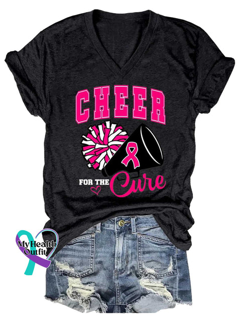 Women’s CHEER FOR THE Cure Breast Cancer Awareness V neck Casual T Shirt Black / S