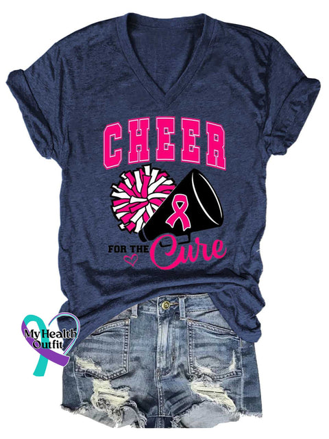Women’s CHEER FOR THE Cure Breast Cancer Awareness V neck Casual T Shirt Blue / S
