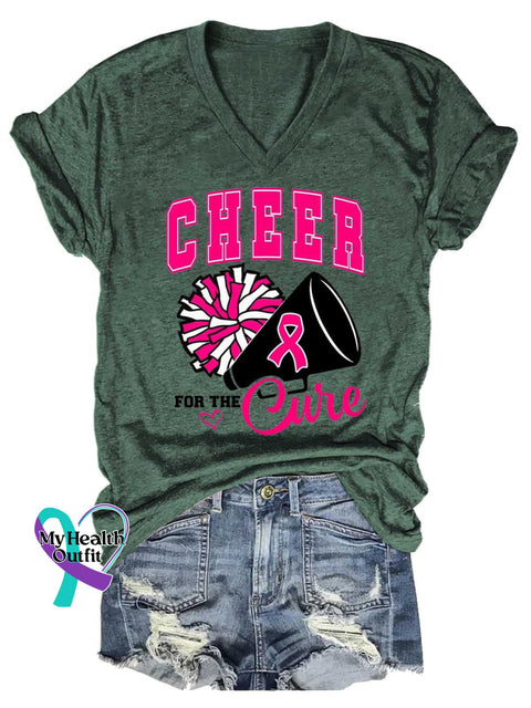 Women’s CHEER FOR THE Cure Breast Cancer Awareness V neck Casual T Shirt Green / S
