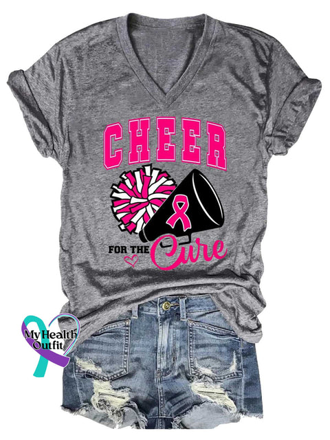 Women’s CHEER FOR THE Cure Breast Cancer Awareness V neck Casual T Shirt Grey / S