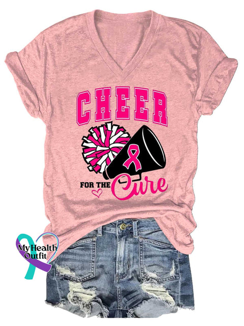 Women’s CHEER FOR THE Cure Breast Cancer Awareness V neck Casual T Shirt LightPink / S