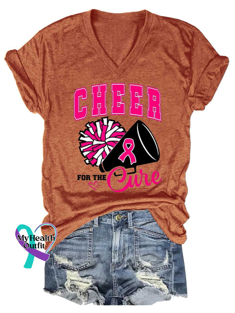 Women’s CHEER FOR THE Cure Breast Cancer Awareness V neck Casual T Shirt Orange / S