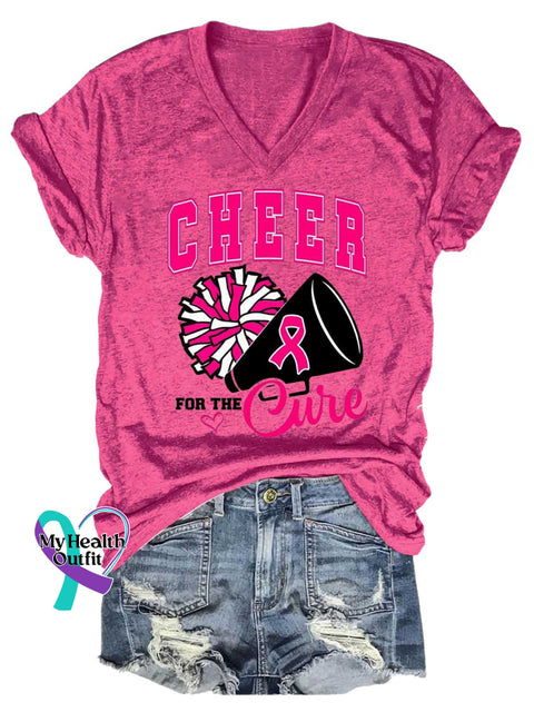 Women’s CHEER FOR THE Cure Breast Cancer Awareness V neck Casual T Shirt Pink / S
