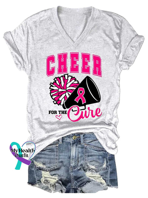Women’s CHEER FOR THE Cure Breast Cancer Awareness V neck Casual T Shirt White / S