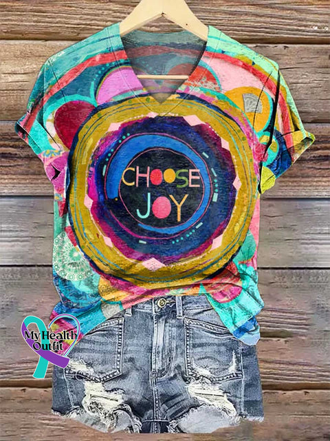 Women’s CHOOSE JOY V-neck Casual T-Shirt Multicolor / S