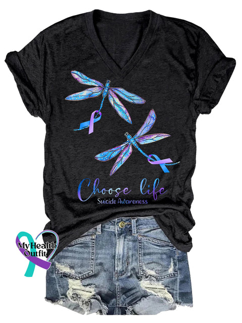 Women’s Choose Life Dragonfly Suicide Prevention Awareness V-neck Casual T-Shirt Black / S