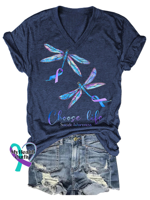 Women’s Choose Life Dragonfly Suicide Prevention Awareness V-neck Casual T-Shirt Blue / S
