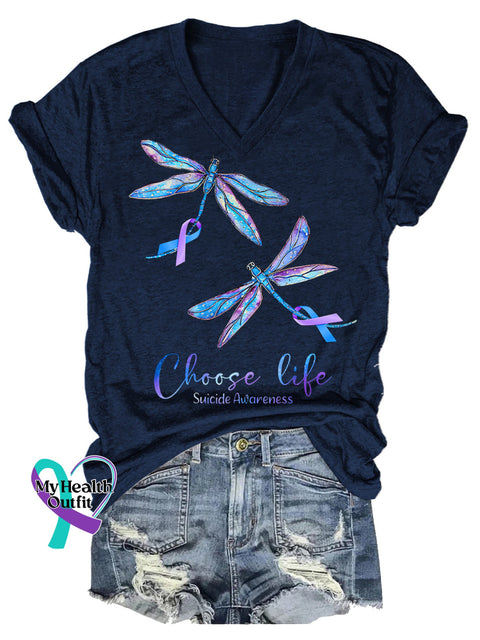 Women’s Choose Life Dragonfly Suicide Prevention Awareness V-neck Casual T-Shirt DarkBlue / S