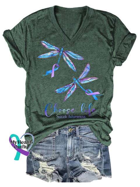 Women’s Choose Life Dragonfly Suicide Prevention Awareness V-neck Casual T-Shirt Green / S