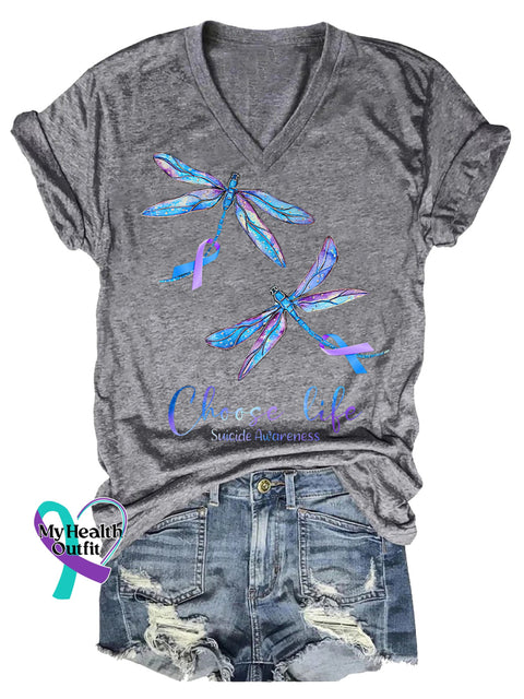 Women’s Choose Life Dragonfly Suicide Prevention Awareness V-neck Casual T-Shirt Grey / S