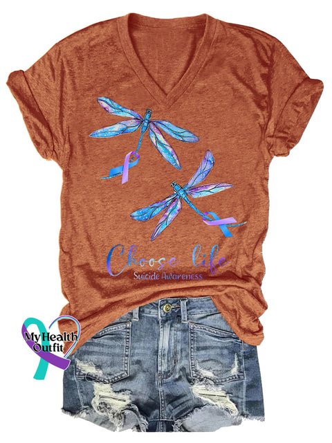 Women’s Choose Life Dragonfly Suicide Prevention Awareness V-neck Casual T-Shirt Orange / S