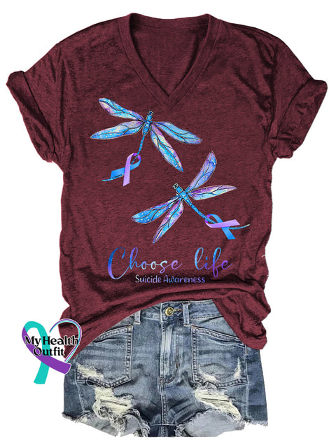 Women’s Choose Life Dragonfly Suicide Prevention Awareness V-neck Casual T-Shirt Red / S