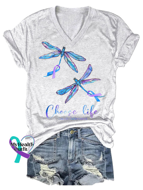 Women’s Choose Life Dragonfly Suicide Prevention Awareness V-neck Casual T-Shirt White / S