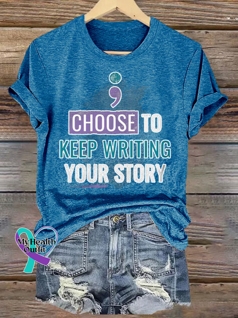 Women’s CHOOSE TO KEEP WRITING YOUR STORY Suicide Prevention Awareness Art V neck Casual T Shirt Blue / S