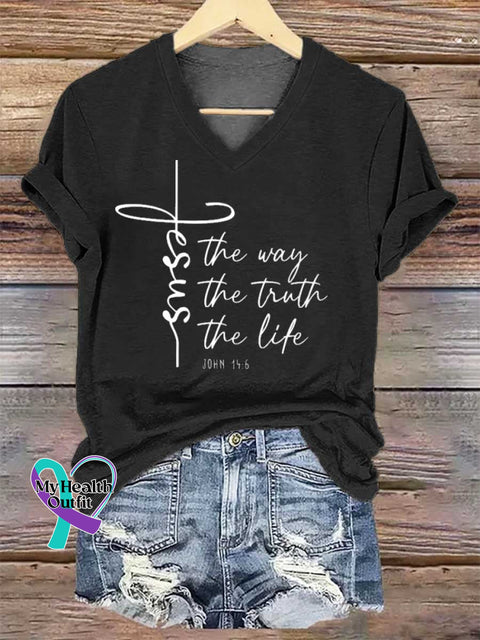 Women’s Christian Worship Women Men Jesus The Way Truth Life V-neck Casual T-Shirt Black / S