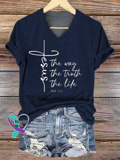 Women’s Christian Worship Women Men Jesus The Way Truth Life V-neck Casual T-Shirt Blue / S