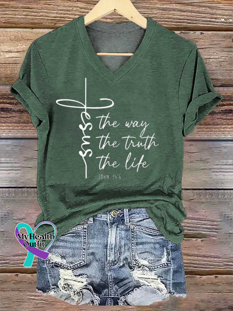 Women’s Christian Worship Women Men Jesus The Way Truth Life V-neck Casual T-Shirt Green / S