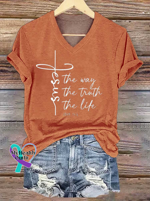 Women’s Christian Worship Women Men Jesus The Way Truth Life V-neck Casual T-Shirt Orange / S