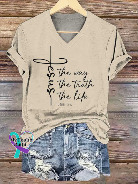 Women’s Christian Worship Women Men Jesus The Way Truth Life V-neck Casual T-Shirt Sand / S
