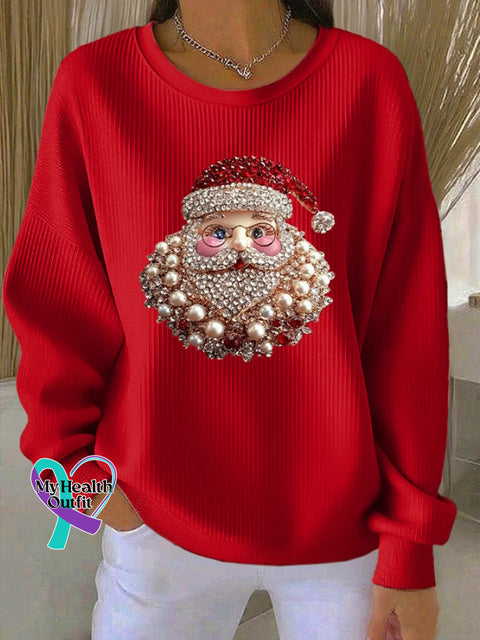 Women’s Christmas Art Print Knitted Crew Neck Long Sleeve Top Red / S