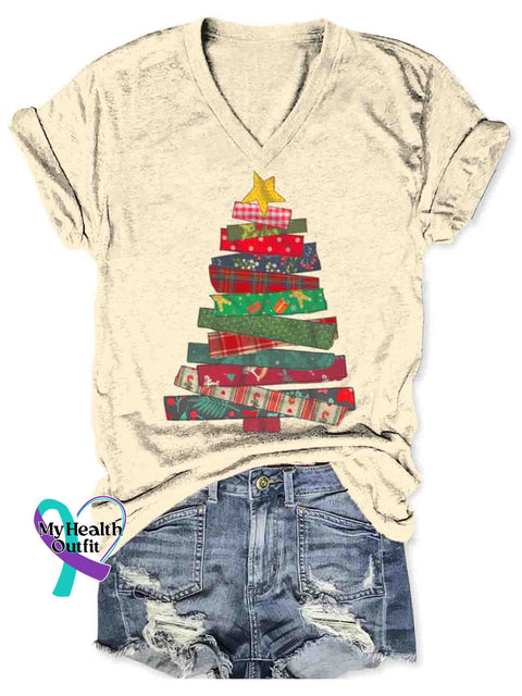 Women’s Christmas Art V-neck Casual T-Shirt Apricot / S
