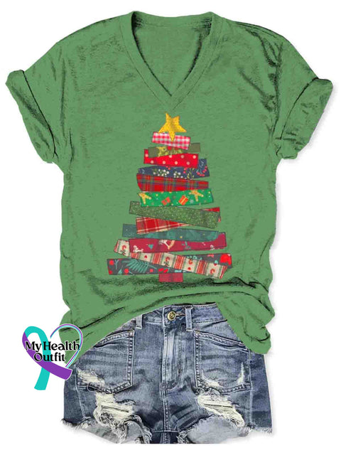 Women’s Christmas Art V-neck Casual T-Shirt Green / S