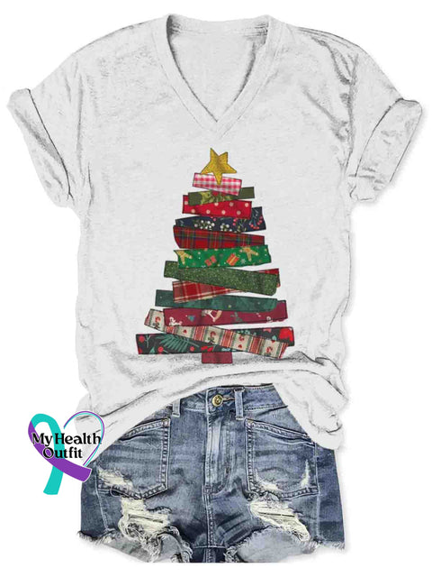 Women’s Christmas Art V-neck Casual T-Shirt White / S