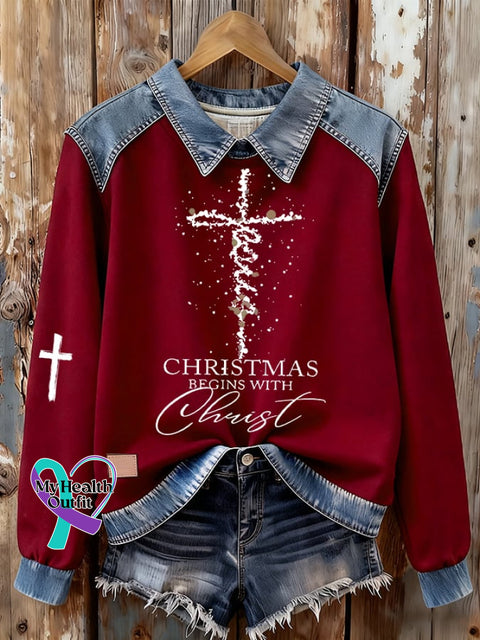 Women’s Christmas Begins with Christ Print Denim Sweatshirt Picture 1 / S