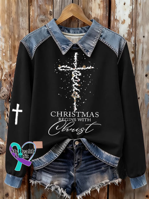 Women’s Christmas Begins with Christ Print Denim Sweatshirt Picture 2 / S