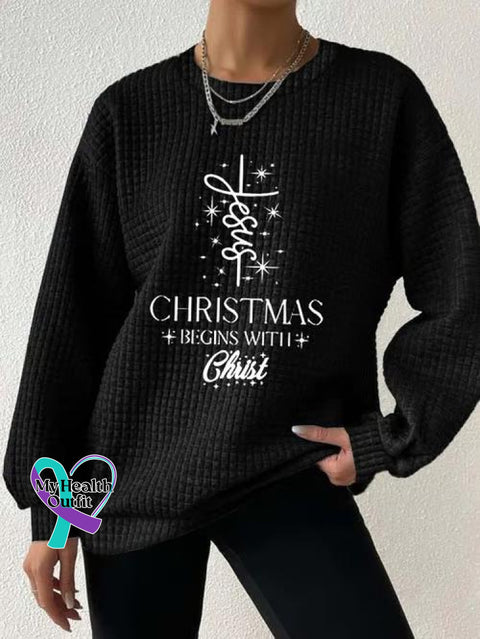 Women’s Christmas Begins With Jesus Print Button Back Casual Knitted Shirt Black / S