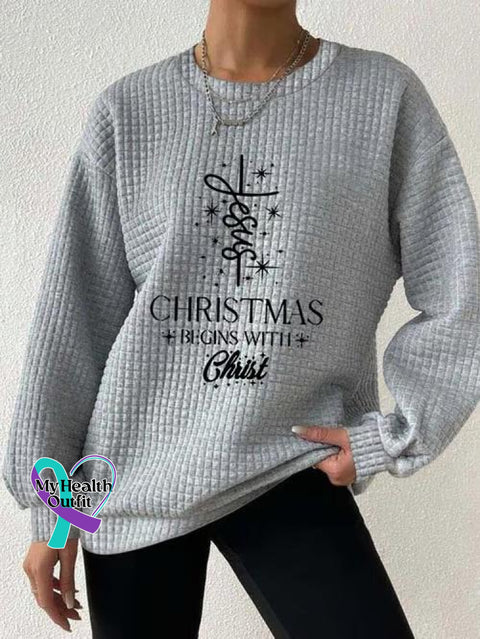 Women’s Christmas Begins With Jesus Print Button Back Casual Knitted Shirt Grey / S