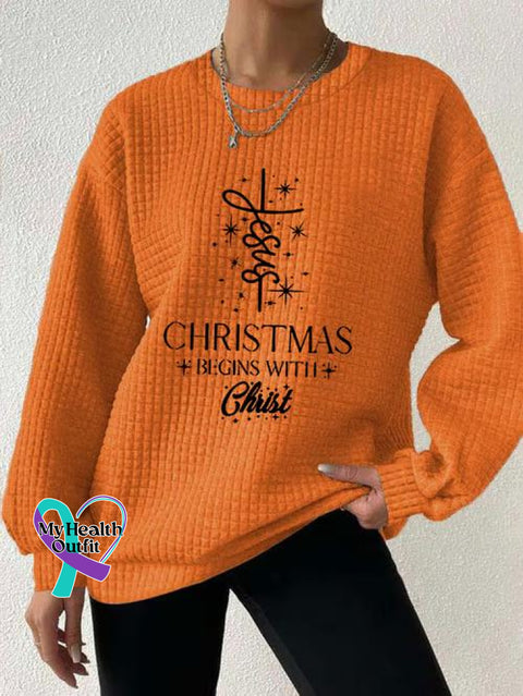 Women’s Christmas Begins With Jesus Print Button Back Casual Knitted Shirt Orange / S